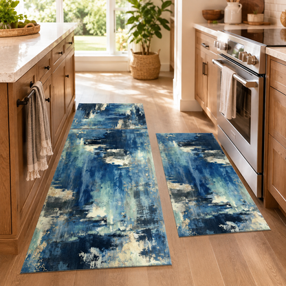 Blue Abstract Kitchen Rug Set – 3 Piece