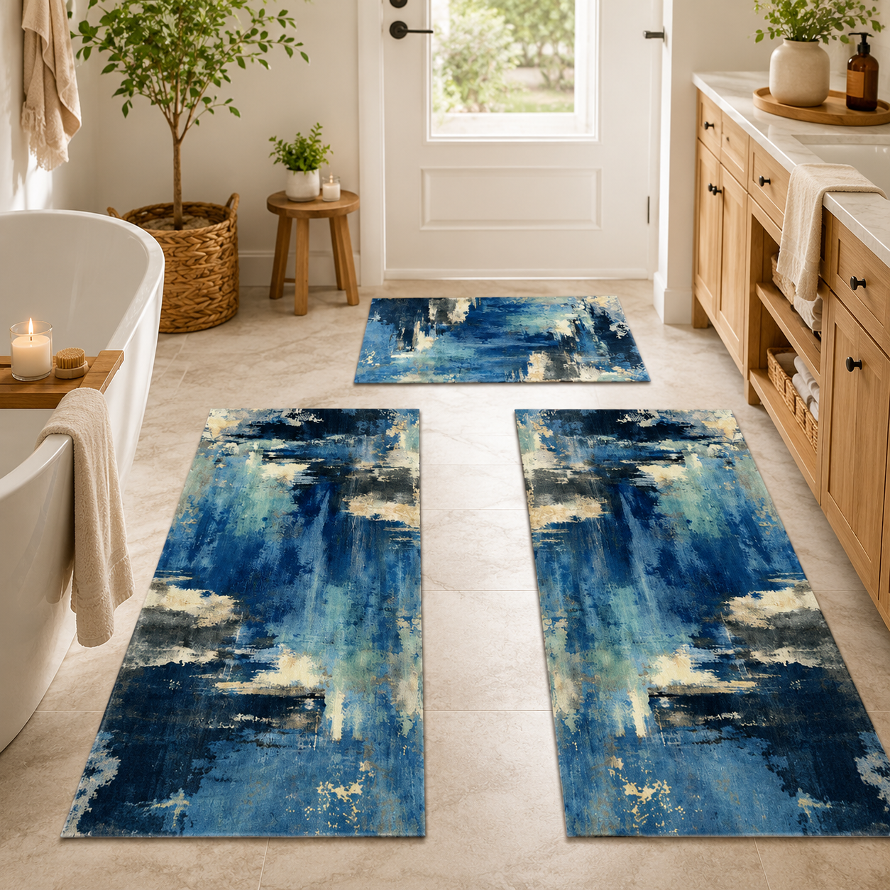 Blue Abstract Kitchen Rug Set – 3 Piece