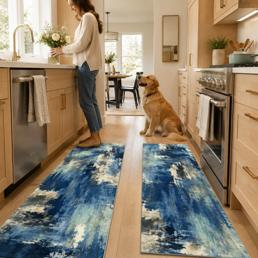 Blue Abstract Kitchen Rug Set – 3 Piece