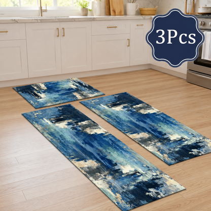 Blue Abstract Kitchen Rug Set – 3 Piece