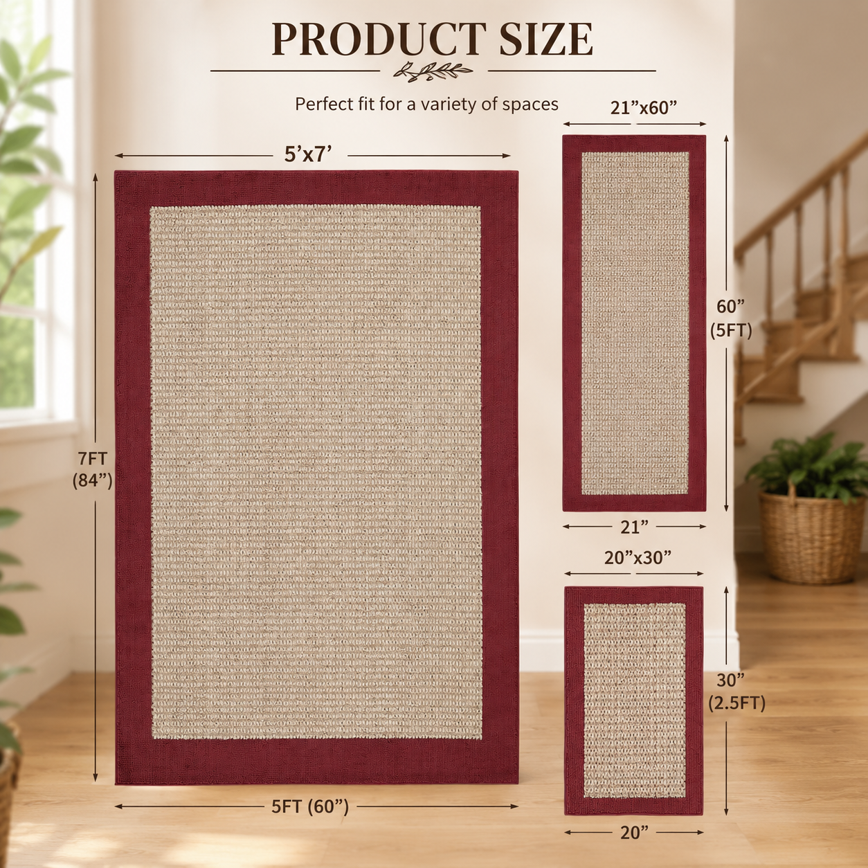 3-Piece Faux Sisal Area Rug Set – Red
