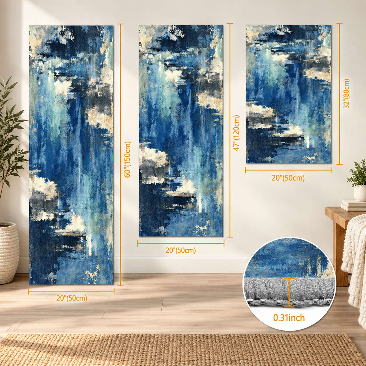 Blue Abstract Kitchen Rug Set – 3 Piece